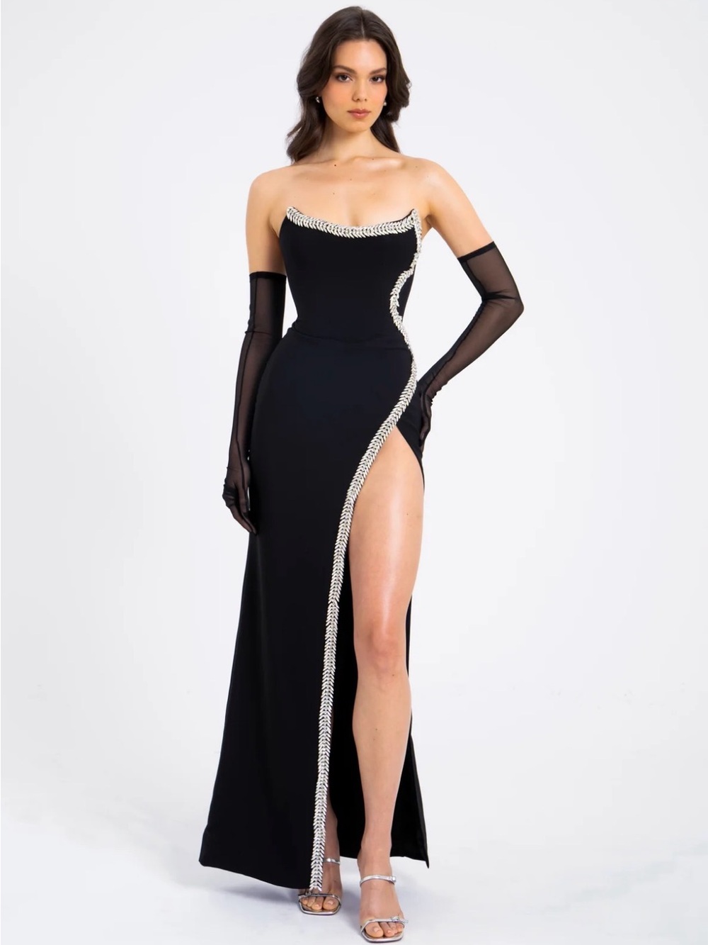 Miss Circle Xoana Black Crystal Embellished High Slit Gown, Size Small NWT